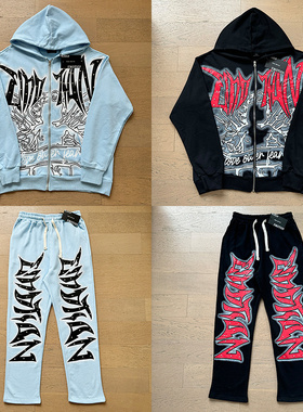 MIXED EMOTION美式钻石字母潮牌街头纯棉开衫拉链卫衣卫裤套装男