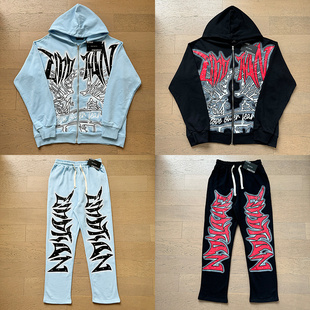 MIXED EMOTION美式钻石字母潮牌街头纯棉开衫拉链卫衣卫裤套装男