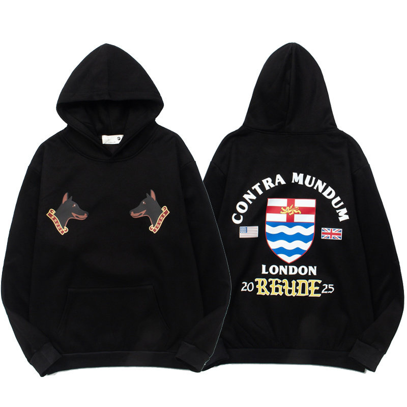 欧美高街潮牌Rhude国旗印花帽衫男女同款ins百搭秋冬抓绒连帽卫衣