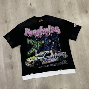 潮牌RoughPlay新款INS破洞白墨直喷圆领纯棉宽松假两件短袖T恤衫