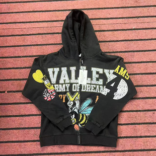 Vale Valley复古蜜蜂字母印花美式潮牌街头嘻哈纯棉毛圈拉链卫衣