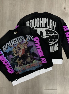 RoughPlay复古天使洗水烫钻破洞假两件美式街头休闲纯棉长袖T恤衫