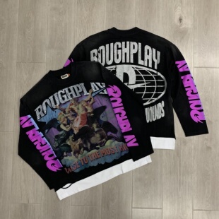 RoughPlay复古天使洗水烫钻破洞假两件美式街头休闲纯棉长袖T恤衫