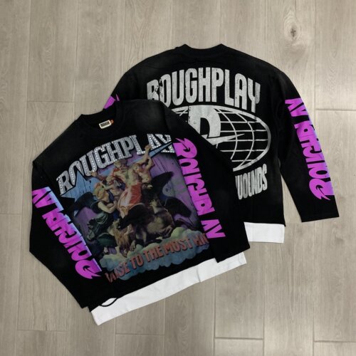 RoughPlay复古天使洗水烫钻破洞假两件美式街头休闲纯棉长袖T恤衫