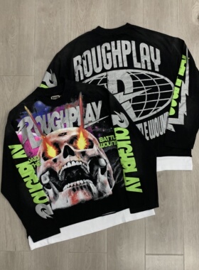 RoughPlay美式潮牌骷髅复古破洞街头ins拼接款假两件纯棉长袖T恤