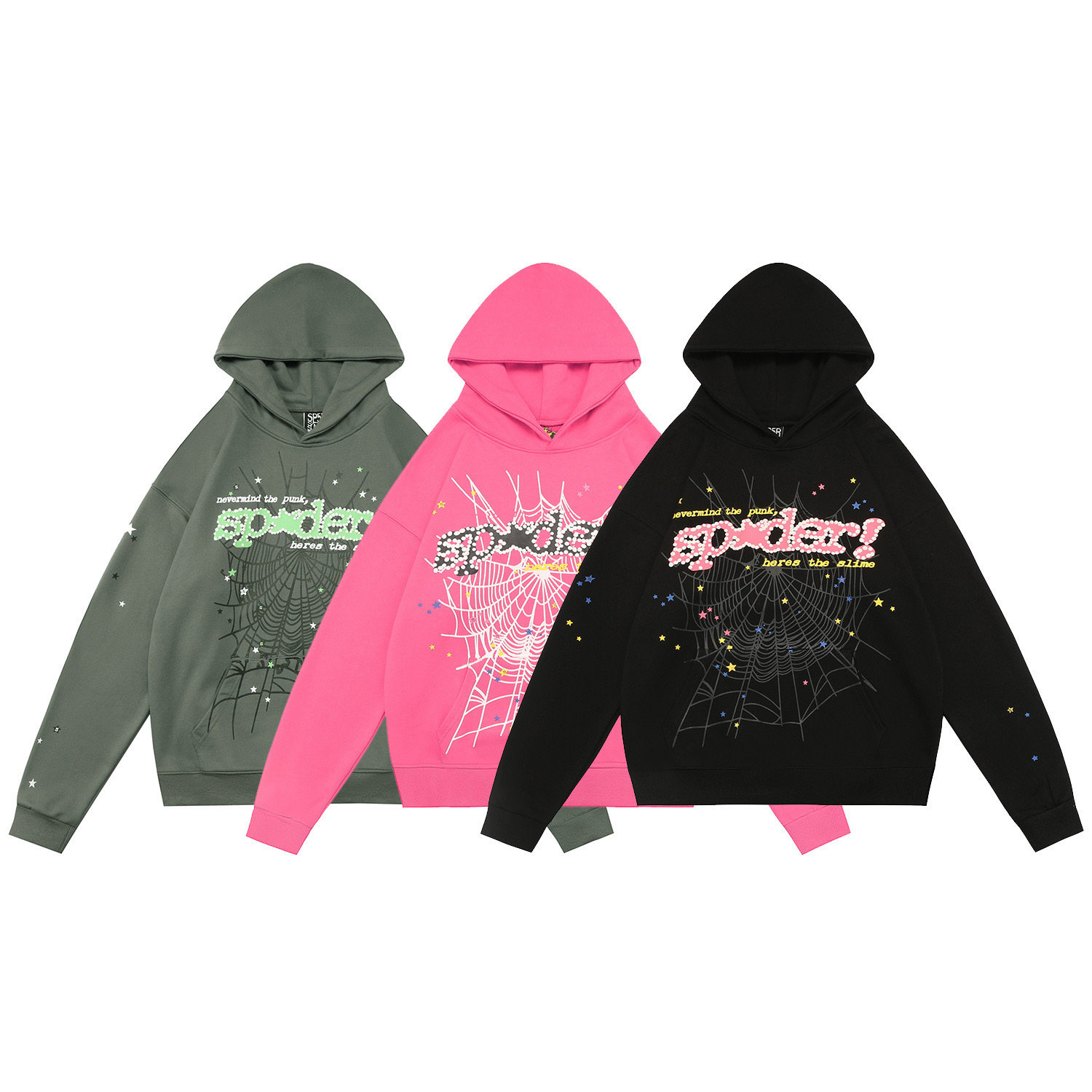 Sp5der发泡印花蜘蛛网涂鸦字母美式潮牌秋冬555555纯棉连帽衫卫衣