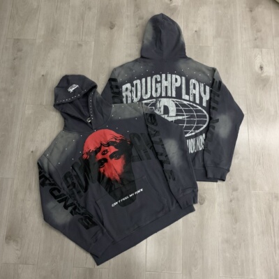 新款RoughPlay美式潮牌INS复古白墨直喷洗水烫钻毛圈纯棉连帽卫衣