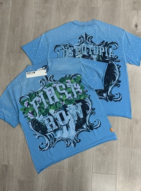 First Row美式天使印花烫钻做旧洗水高街夏T恤衫宽松纯棉圆领短袖
