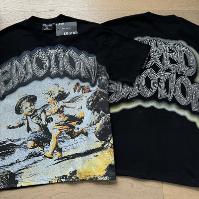 美式潮牌MIXED EMOTION复古烫钻印花摇滚嘻哈休闲宽松纯棉短袖T恤