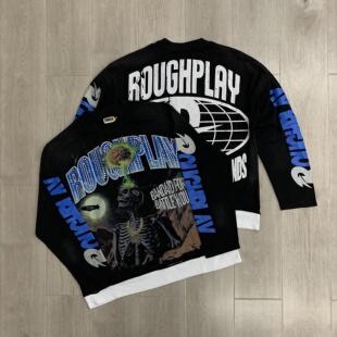 RoughPlay美式潮牌复古骷髅洗水烫钻美式街头宽松休闲纯棉长袖T恤