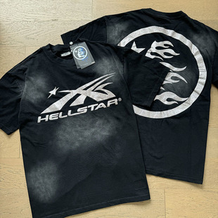 美潮闪粉侧脸字母徽标印花复古洗水做旧T恤小众嘻哈高街纯棉短袖