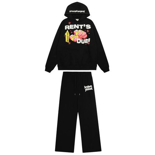 BROKEN PLANET钞票发泡印花美潮ins加绒纯棉套装连帽卫衣直筒卫裤