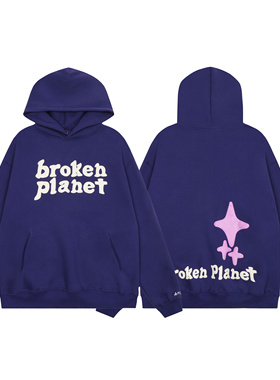 美式BROKEN PLANET字母发泡印花连帽衫潮牌嘻哈高街纯棉加绒卫衣
