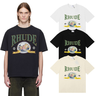 RHUDE美式 INS嘻哈宽松圆领T恤 潮牌复古海景帆船印花26ss纯棉短袖