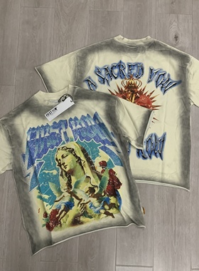 First Row天使印花潮牌烫钻做旧洗水高街夏T恤衫宽松纯棉圆领短袖