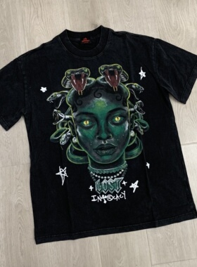 Lost intricacy复古蛇女印花洗水做旧美潮高街纯棉圆领短袖T恤衫