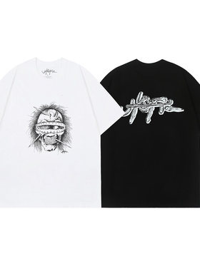 Travis Scott美式潮牌素描头像高街嘻哈情侣重磅纯棉短袖宽松T恤