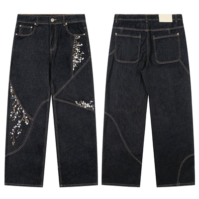 Derschutze花卉刺绣小众ins美式潮牌高街休闲阔腿牛仔裤直筒长裤