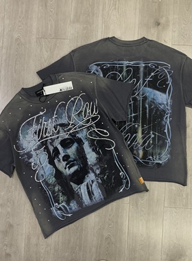 First Row雕像印花潮牌烫钻做旧洗水反车高街T恤宽松纯棉圆领短袖