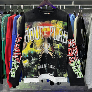 潮牌复古满印骷髅洗水拼接破洞ins超火纯棉长袖 T恤 Play美式 Rough