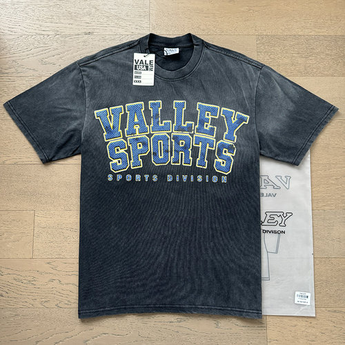 美式Vale Valley字母标语印花潮牌洗水做旧夏宽松重磅纯棉短袖T恤