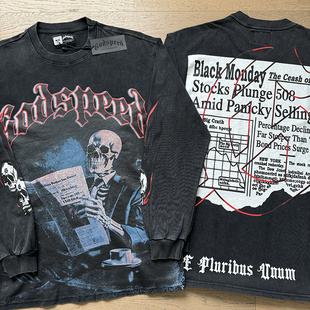 美式godspeed潮牌复古洗水做旧印花INS摇滚纯棉男女宽松长袖T恤衫