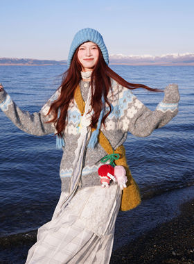 韩系灰色费尔岛毛衣北欧复古小个子开衫秋冬季新款ins软糯针织衫