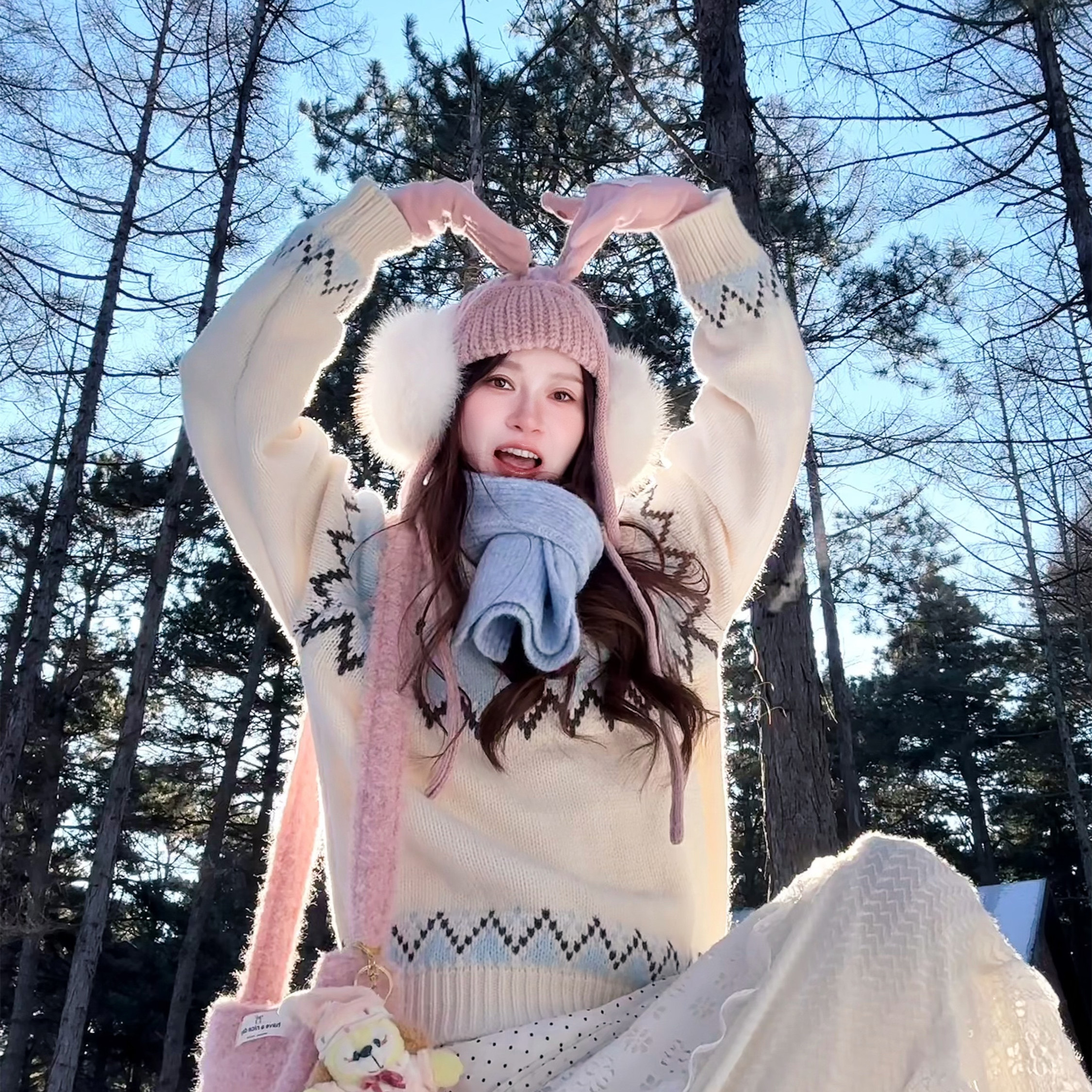 蓝白拼色费尔岛软糯秋冬宽松加厚慵懒ins风韩版雪地套头针织衫