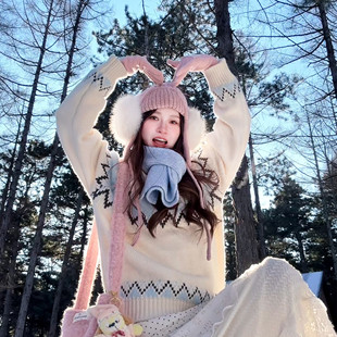 蓝白拼色费尔岛软糯秋冬宽松加厚慵懒ins风韩版雪地套头针织衫
