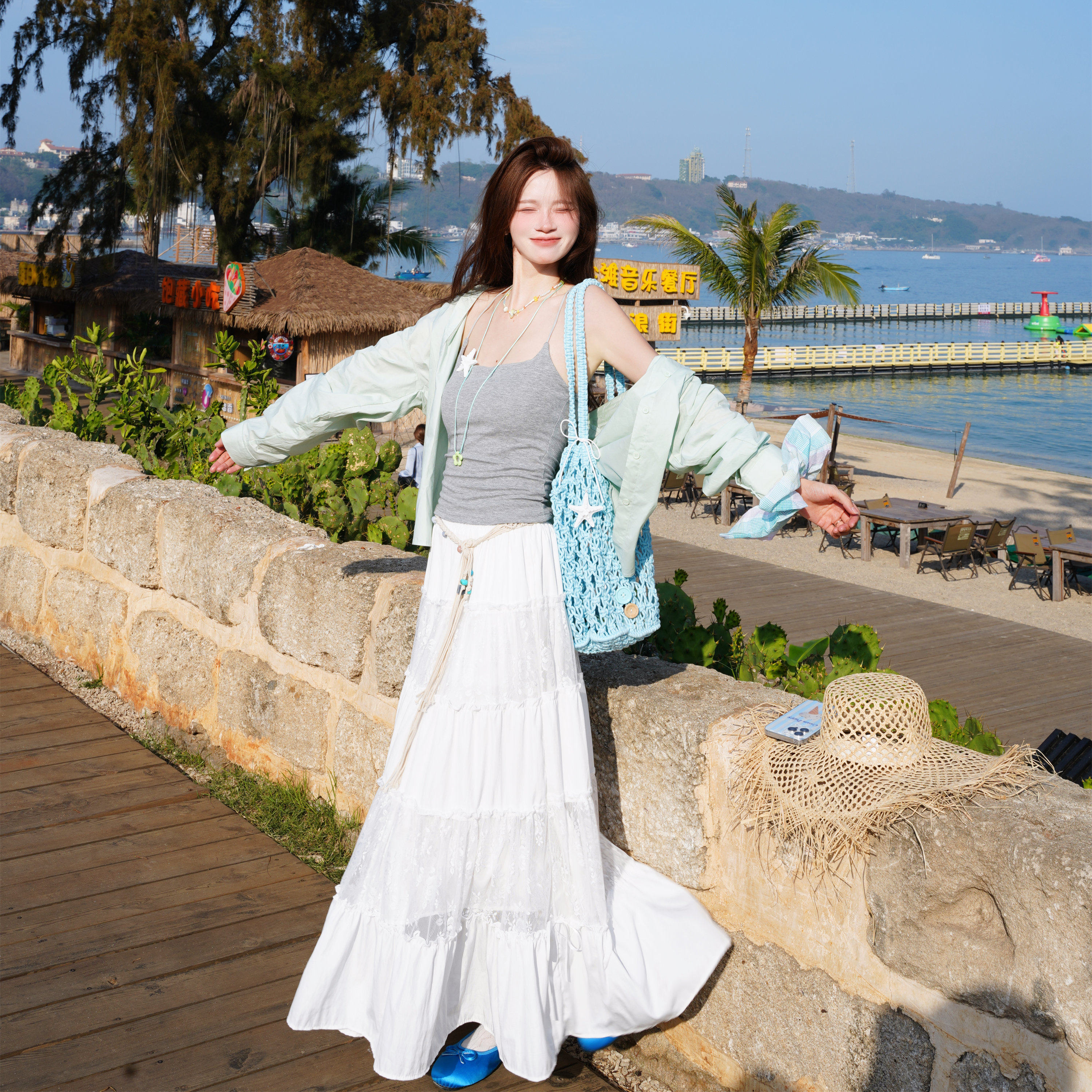 网纱花朵白色半身裙新款女高腰显瘦a字长裙子法式ins风小个子伞裙