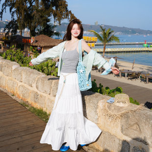 网纱花朵白色半身裙新款 ins风小个子伞裙 女高腰显瘦a字长裙子法式