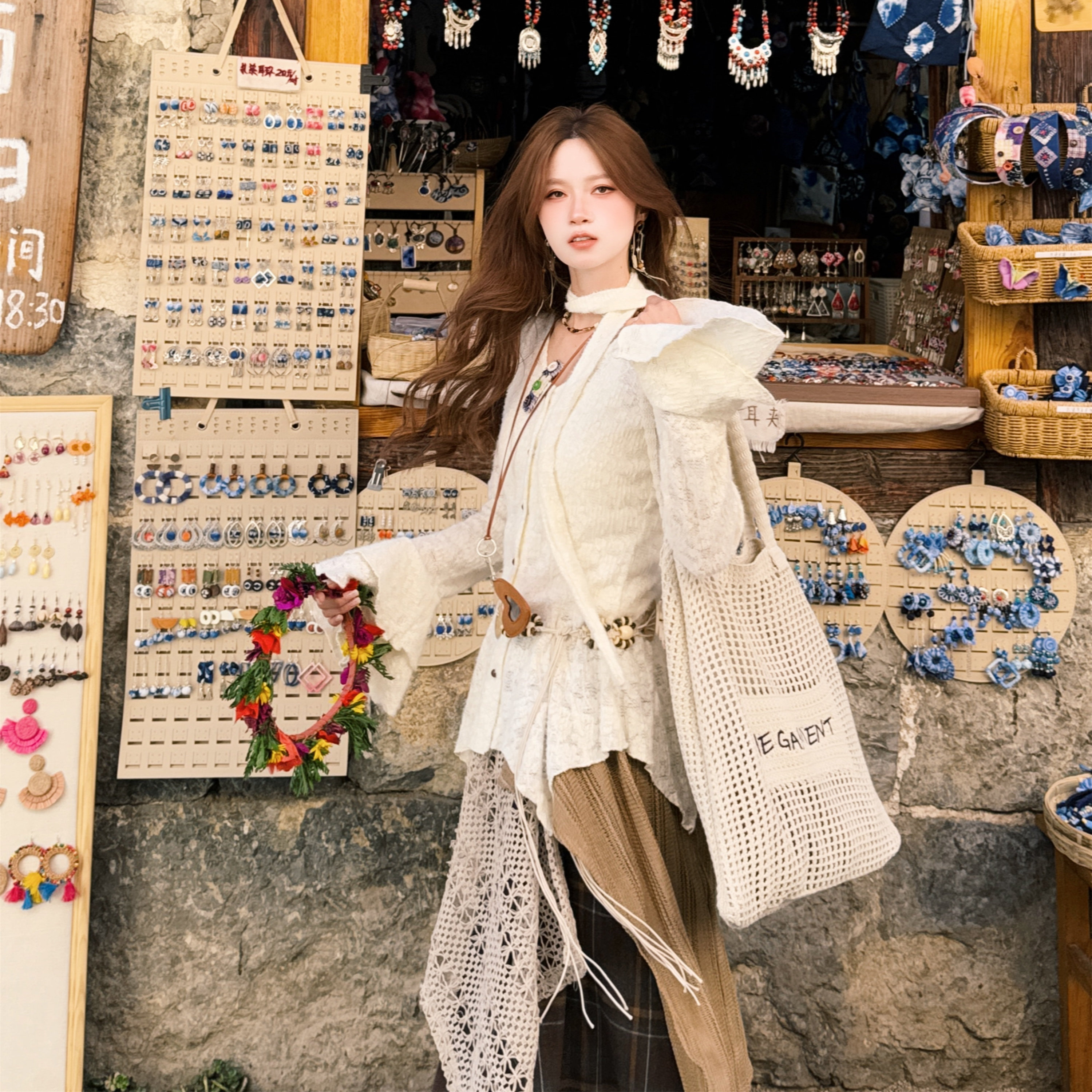 提花波西米亚长袖上衣