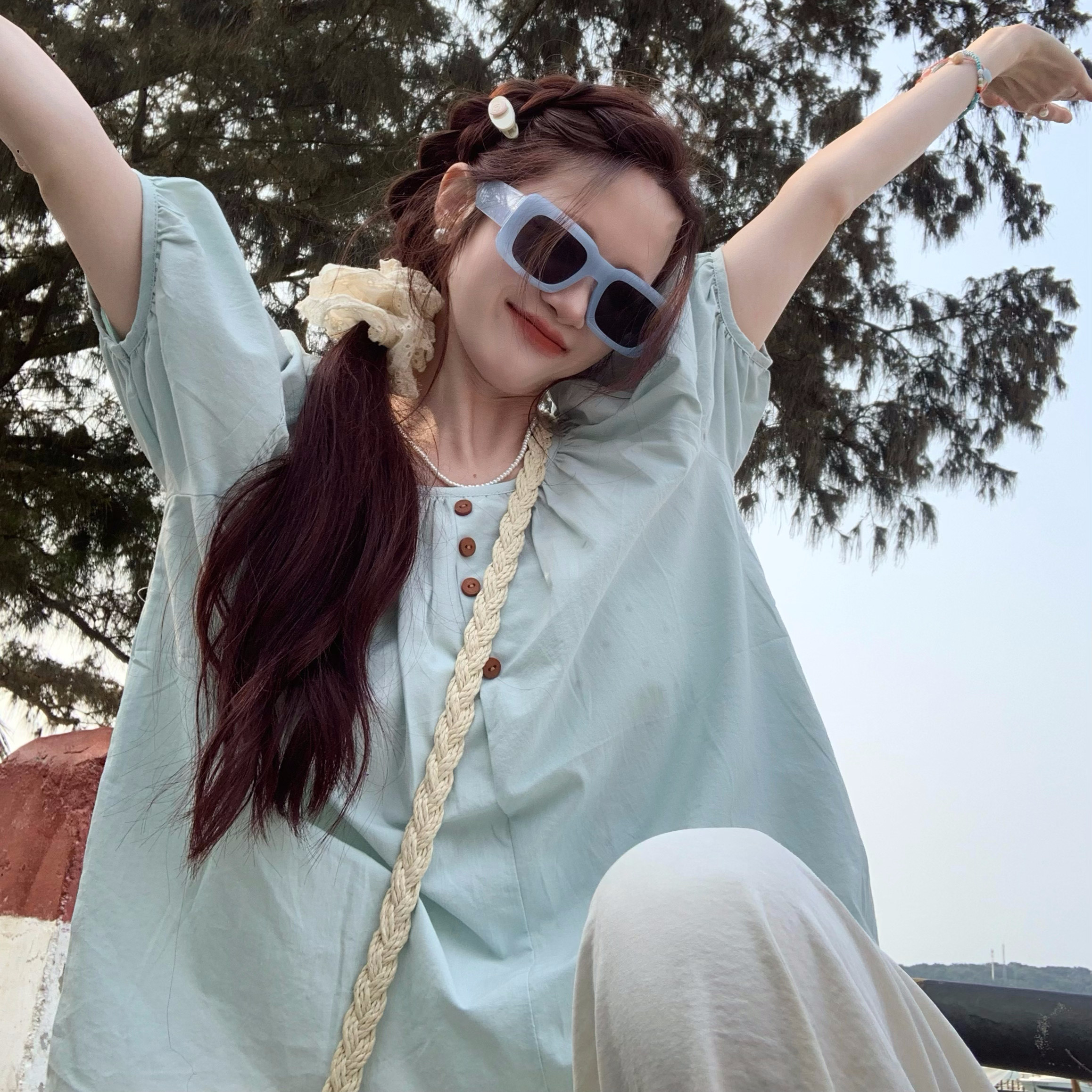 泡泡袖圆领纯色衬衣ins风纯欲韩版夏天新款百搭少女夏季短袖衬衫