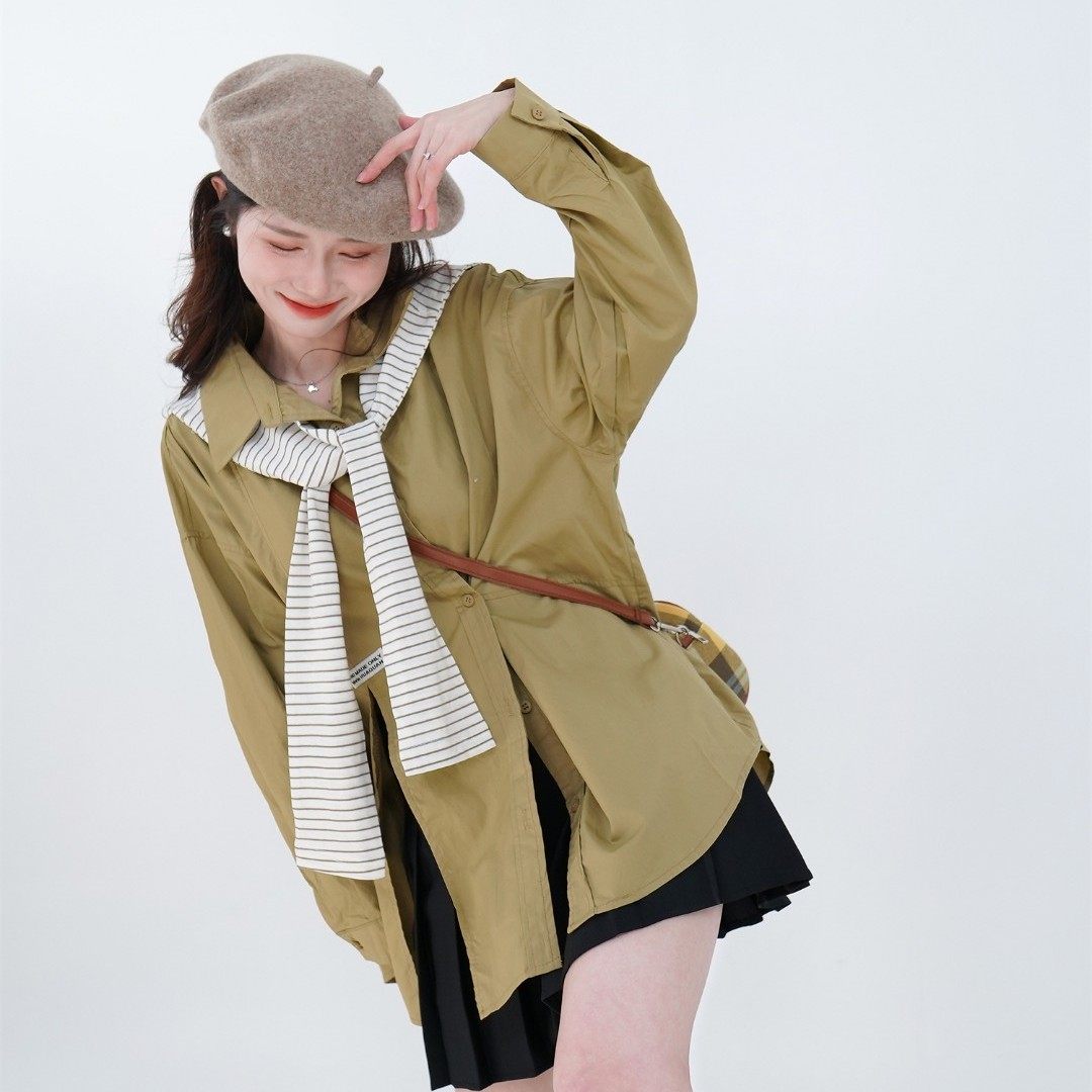 YUKIYXX条纹披肩衬衫两件套休闲百搭设计感洋气宽松慵懒显瘦女装