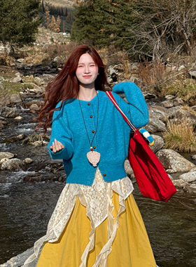 蓝色设计感纽扣毛衣开衫秋冬季针织衫百搭长袖韩版慵懒ins潮外套