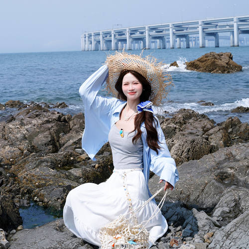 UPF50+防晒衬衫有检测报告防晒衣蓝色夏季气质旅游度假ins风衬衣