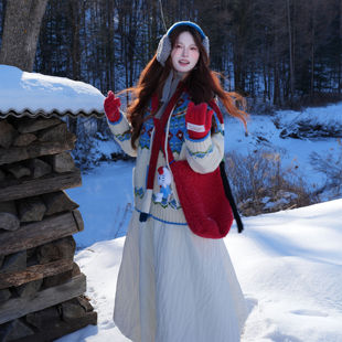 韩系针织连帽毛衣蓝白拼色秋冬季新款小个子女休闲风宽松开衫外套