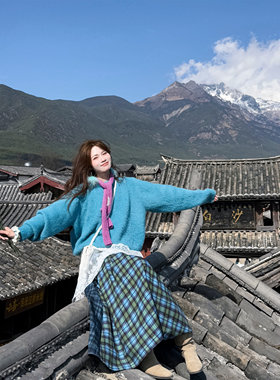 复古小个子蓝色半身裙复古辣妹女格纹秋冬韩版ins风潮法式格子裙