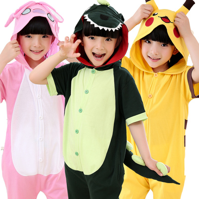 绿恐龙连体睡衣纯棉短袖薄款夏季儿童表演服亲子男童2025新款女童