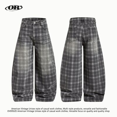 OREETA丨美式街头做旧格纹弯刀牛仔裤男女可穿宽松阔腿拖地长裤
