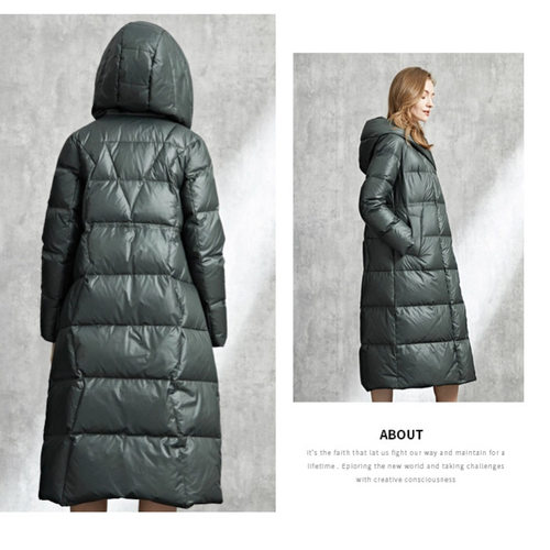 欧洲站冬季新款白鹅绒羽绒服女连帽加长款厚保暖百搭通勤风