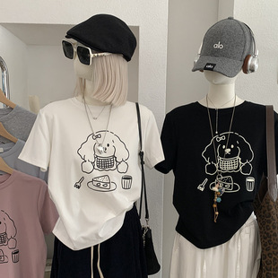 实拍 卡通小狗印花圆领短袖直筒正肩T恤春夏季时尚百搭上衣