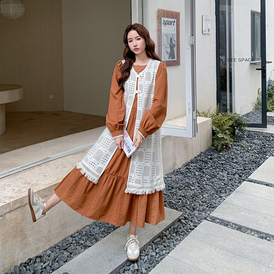 实拍法式慵懒风镂空流苏罩衫连衣裙套装25秋松弛感气质长裙