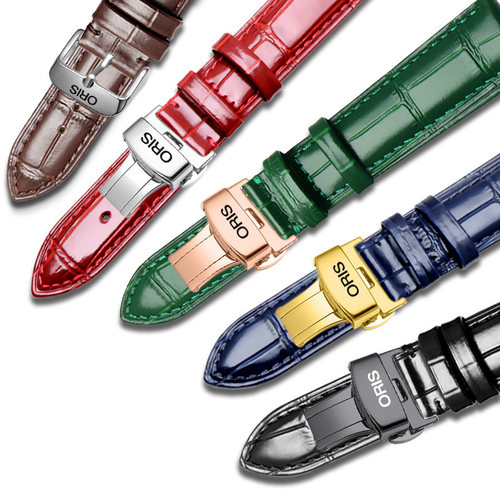 豪利时手表带真皮男女款原装蝴蝶扣针扣表链黑色 棕色 蓝色18mm20