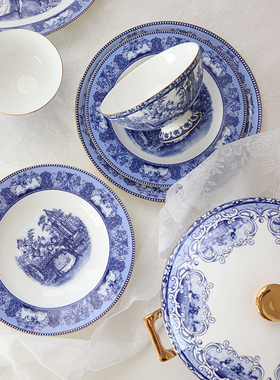 欧式宫廷风青花描金系列骨瓷餐具套装 家用平盘汤盘饭碗汤锅鱼盘