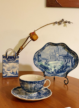 卜图拉 青花中古蓝色城堡釉下彩甜点盘牛排盘餐盘收藏级