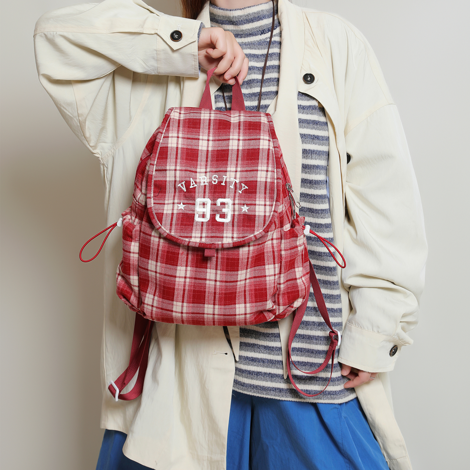 遇后原创小众设计格纹双肩包女韩系小型背包秋冬款帆布复古书包