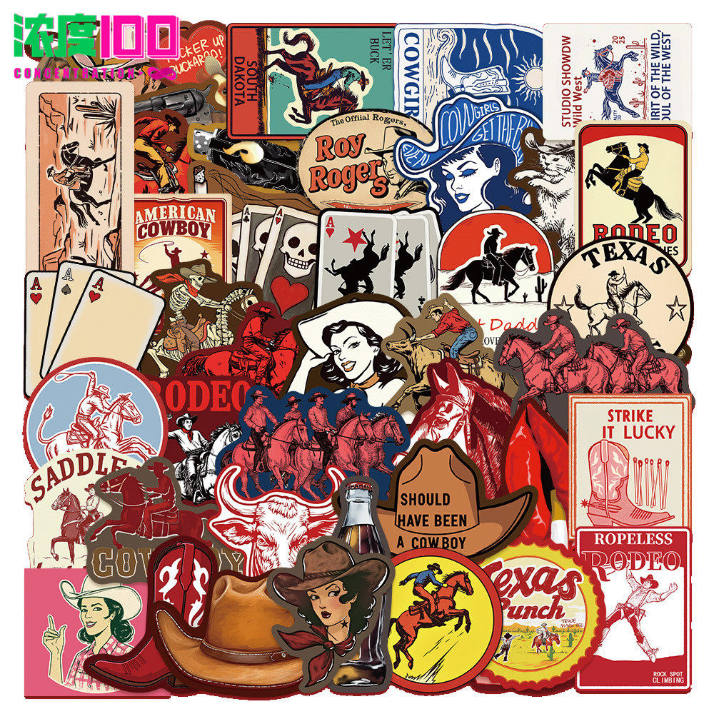50张西部牛仔贴纸电脑手账本手机壳吉他行李箱美式插画防水贴画
