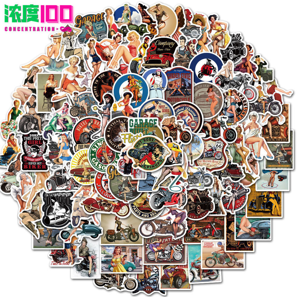 100张复古摩托车女郎美式贴纸冰箱头盔行李箱笔记本电脑防水贴画