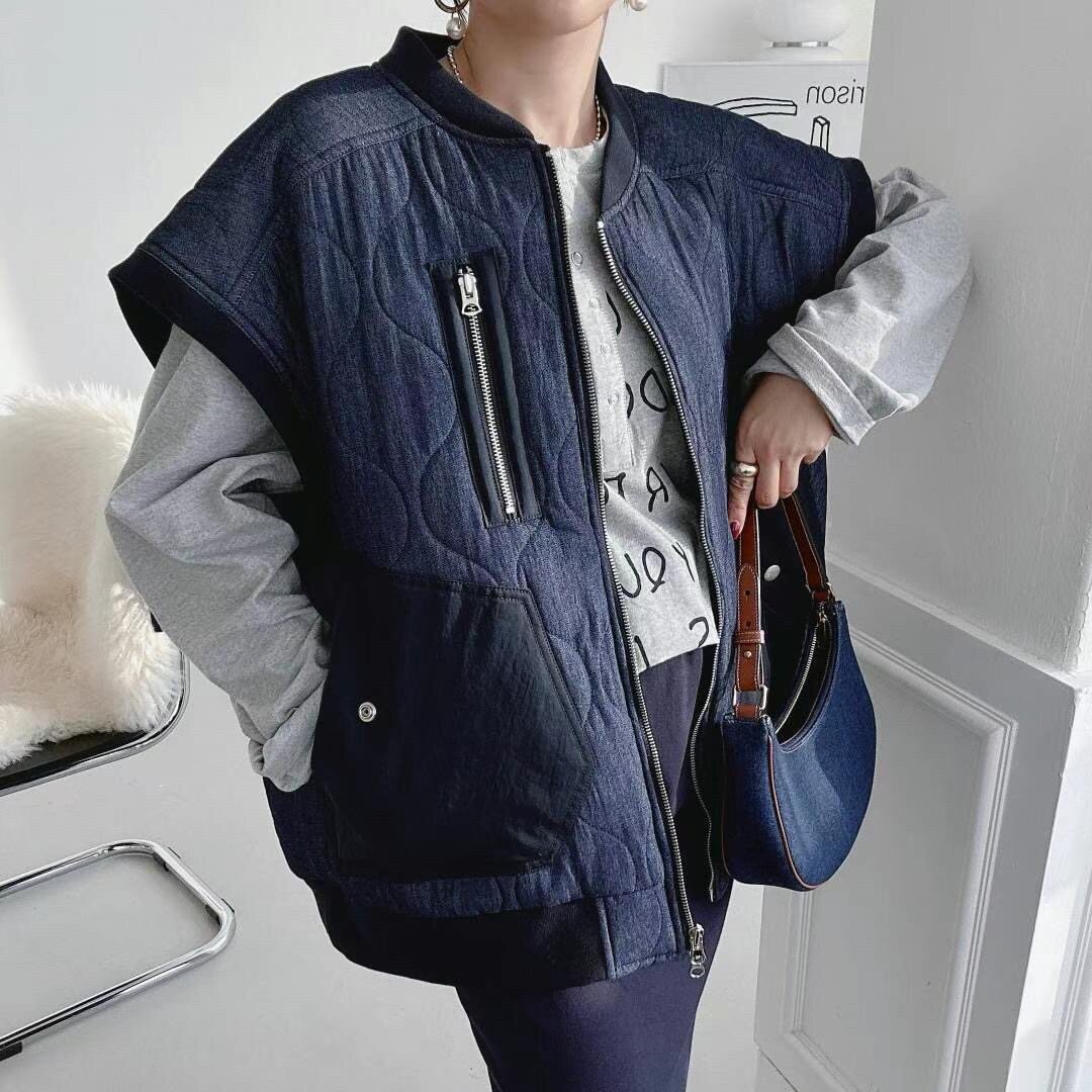 韩国ins慵懒风立领宽松无袖保暖拼接棉服马甲外套2026秋冬上衣女